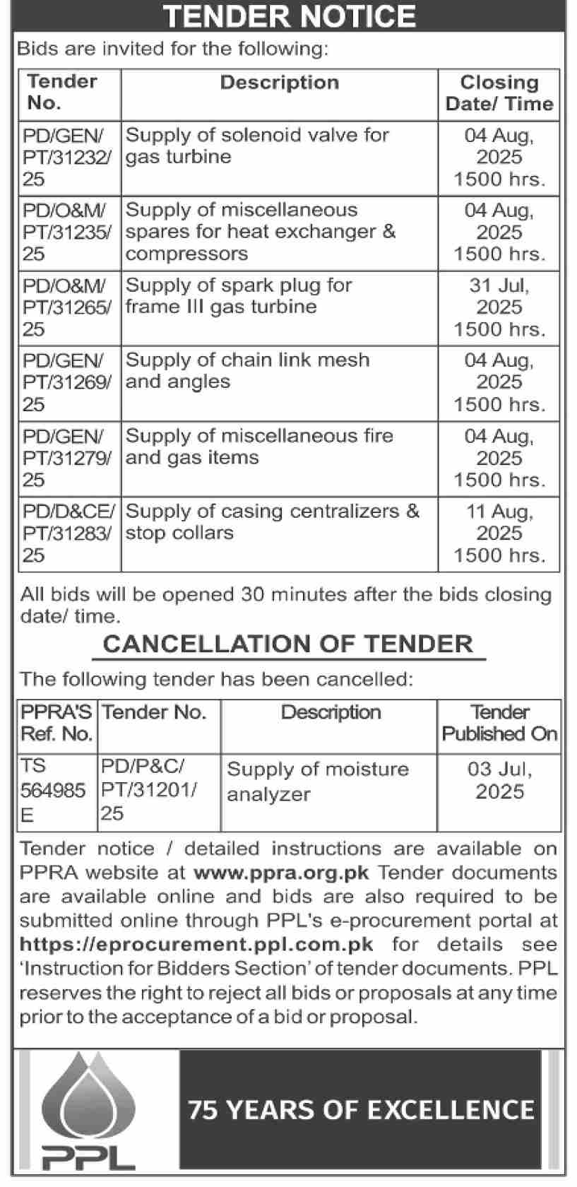 PPL Tender Notice